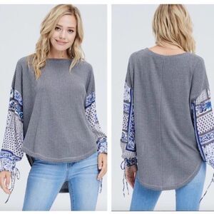 Grey Waffle Knit Mixed Media Top NEW